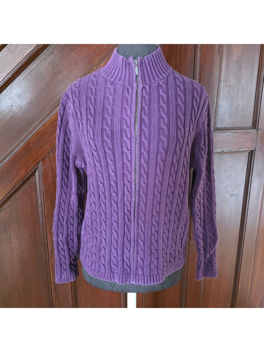 L.L. Bean Purple Cable Knit Cotton Zip-Up Sweater Womens M Ribbed Collar